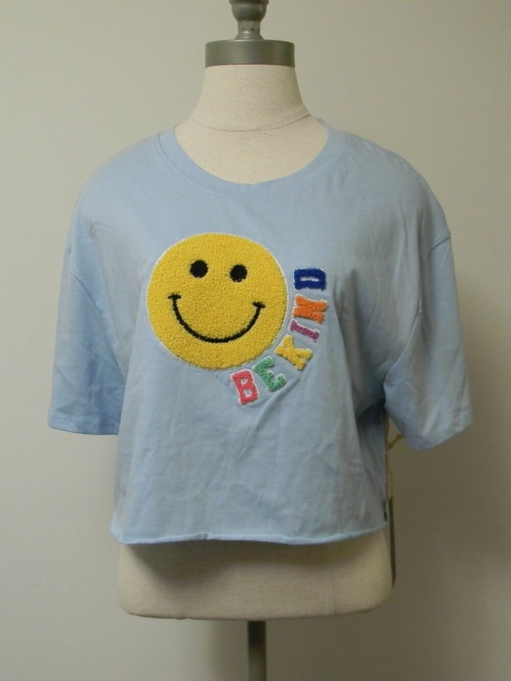 Love Dazed Blue Cropped Tee Shirt in Sz Large Be Kind NWT